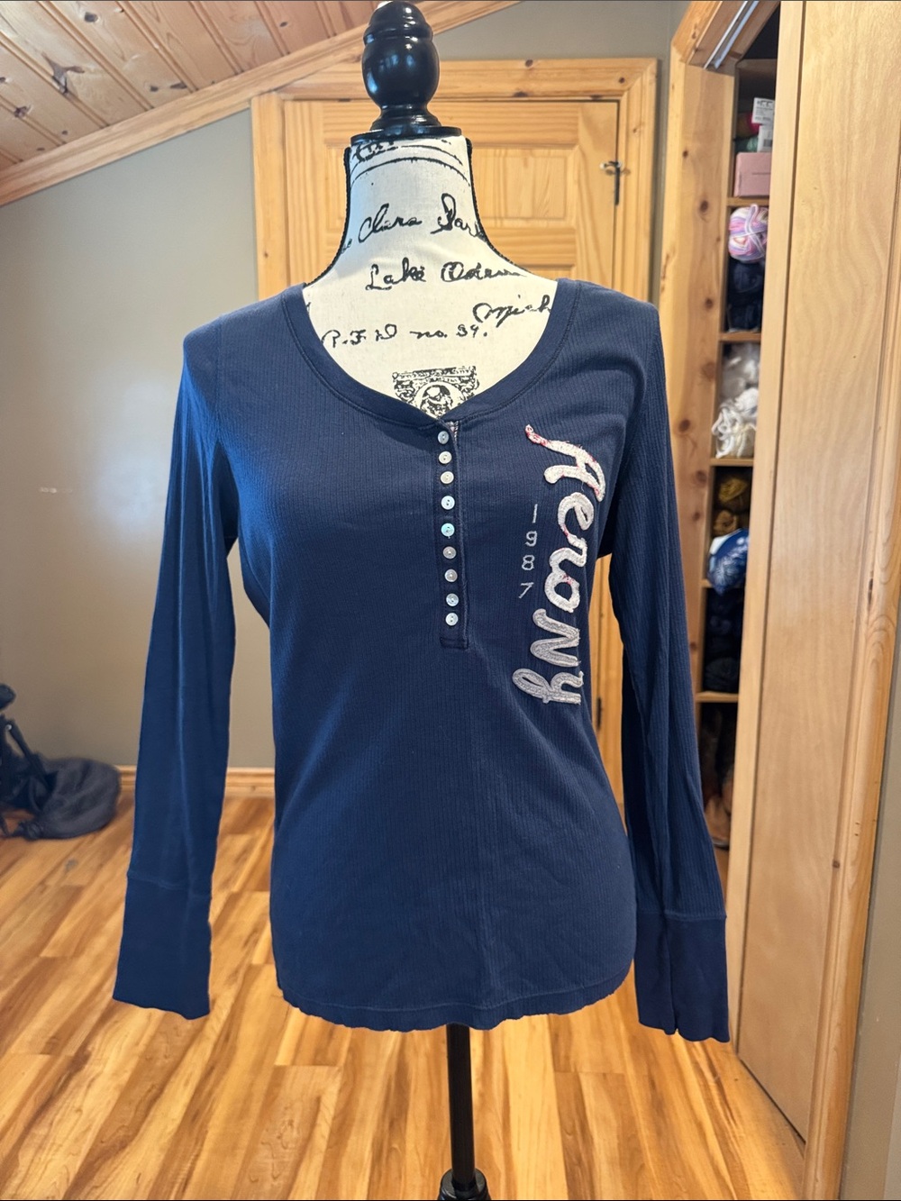 Aeropostale Navy Long Sleeve Henley with Script Logo